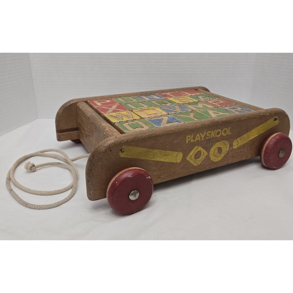Vintage Playskool Pull Along WAGON with 21‎ Alphabet Wooden Blocks ABC 1950s